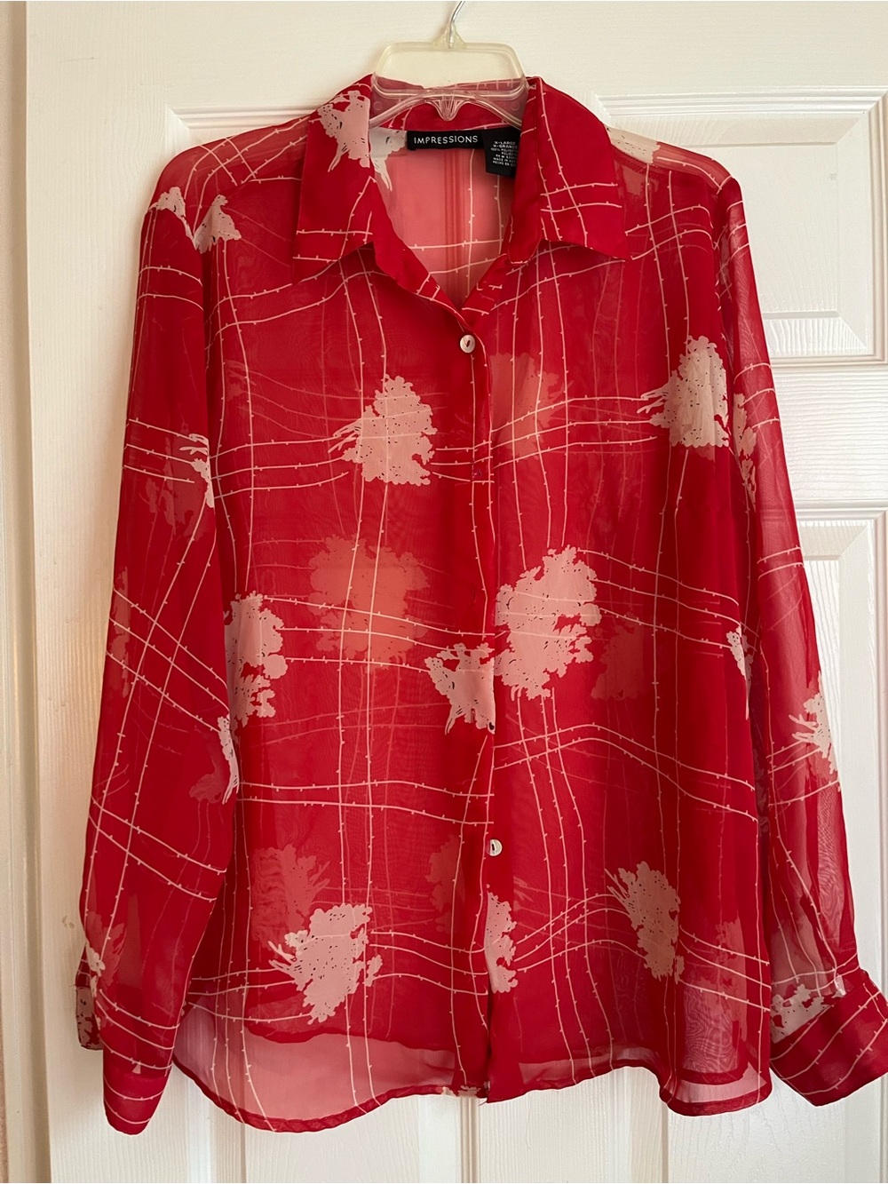 ⭐️VINTAGE⭐️ Impressions Red Flowy Sheer Button Down